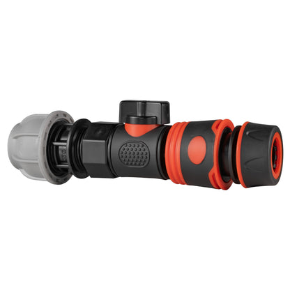 20mm MDPE Straight Connector with BSPF Quick-Connect Valve & Soft-Grip Black Hose Fitting