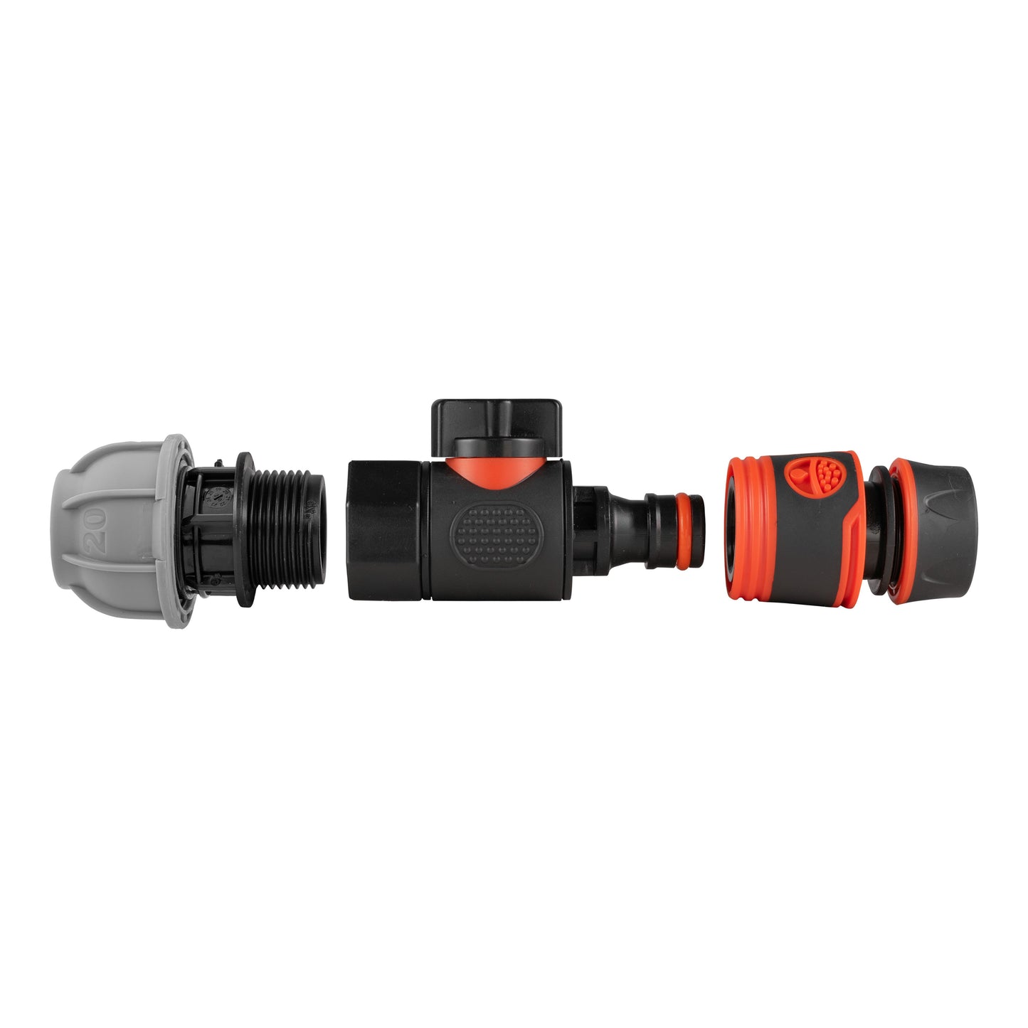 20mm MDPE Straight Connector with BSPF Quick-Connect Valve & Soft-Grip Black Hose Fitting