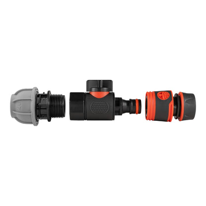 20mm MDPE Straight Connector with BSPF Quick-Connect Valve & Soft-Grip Black Hose Fitting