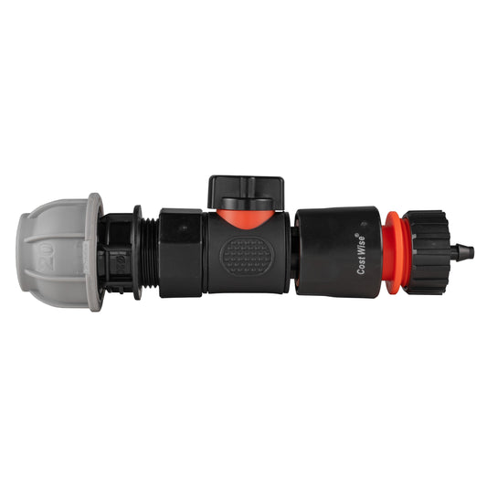 20mm MDPE Straight Connector with BSPF Quick-Connect Valve & 4mm Barb Hose Connector