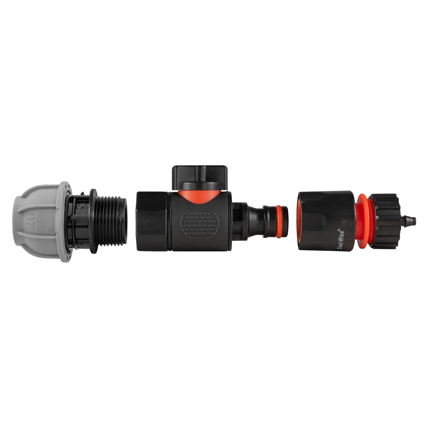 20mm MDPE Straight Connector with BSPF Quick-Connect Valve & 4mm Barb Hose Connector