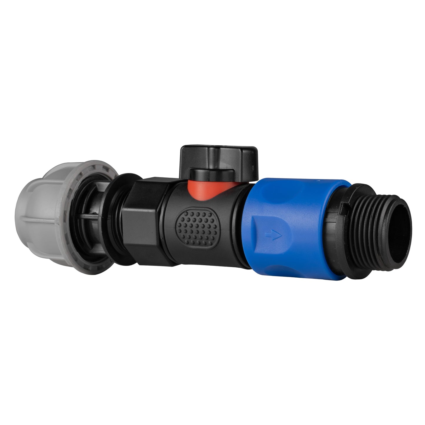 20mm MDPE Straight Joiner with 3/4" BSPF Quick-Connect Valve and Male Threaded Hose Connector