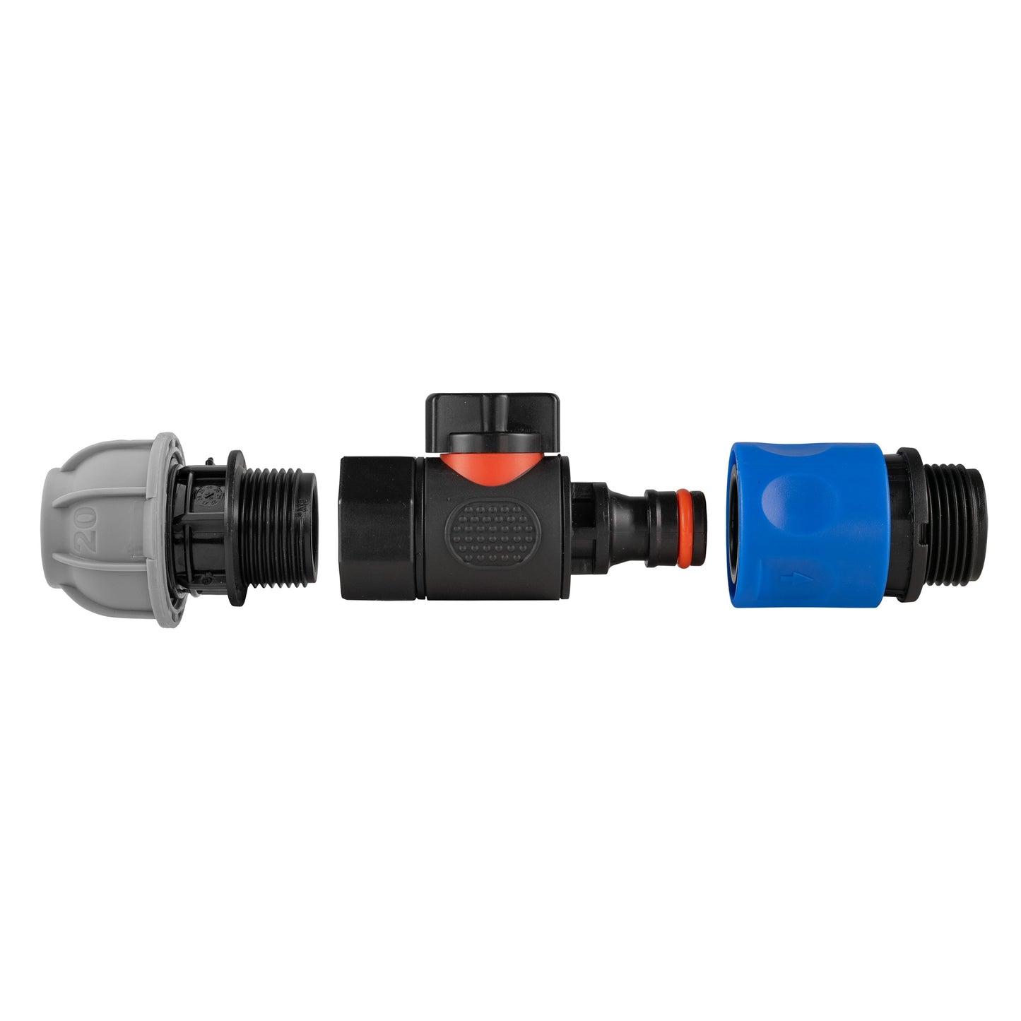 20mm MDPE Straight Joiner with 3/4" BSPF Quick-Connect Valve and Male Threaded Hose Connector