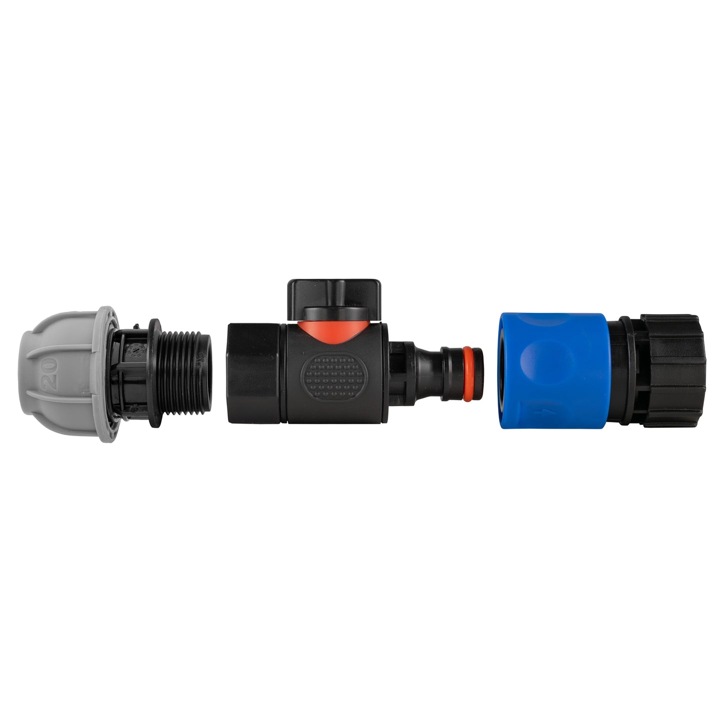 20mm MDPE Straight Connector with 3/4" BSPF Valve & Female Thread Hose Adapter