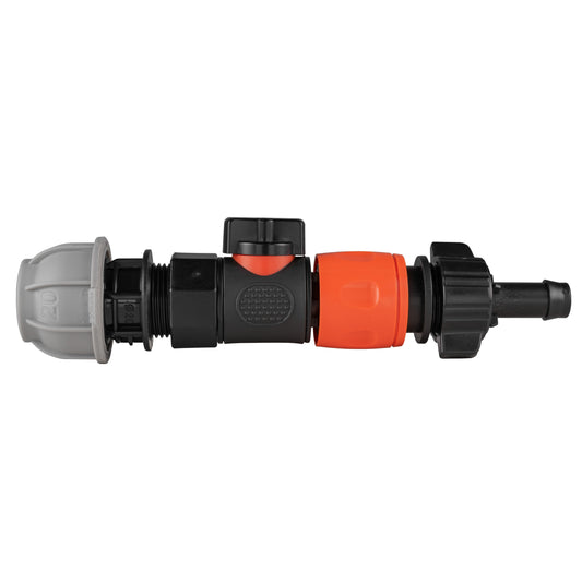 20mm MDPE Straight Connector with 3/4" BSPF Quick-Connect Valve and 16mm Hose Barb Adapter