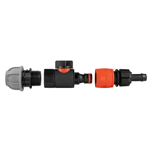 MDPE Straight 20mm Connector with 3/4" BSPF Quick-Connect Valve & 16mm Hose Barb Adapter