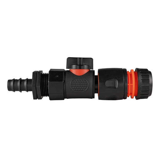 16mm Barbed Joiner with 3/4'' BSPF Quick-Connect Valve and Black Hose Connector
