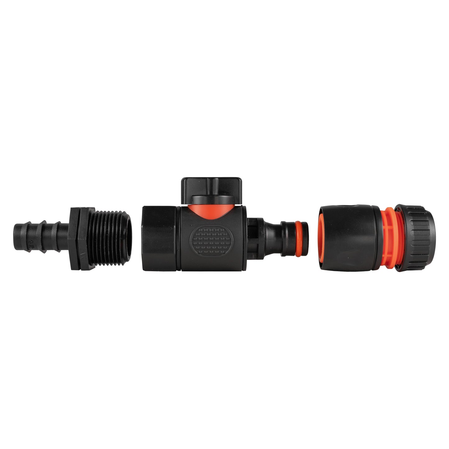 16mm Barbed Joiner with 3/4'' BSPF Quick-Connect Valve and Black Hose Connector