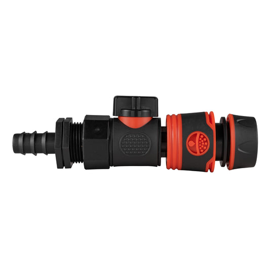 16mm Barbed Connector with 3/4" BSPF Quick-Connect Valve & Soft Black Hose Fitting