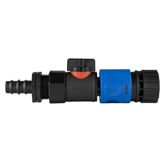 16mm Barbed Connector with 3/4" BSPF Valve and Quick-Click Hose Adapter