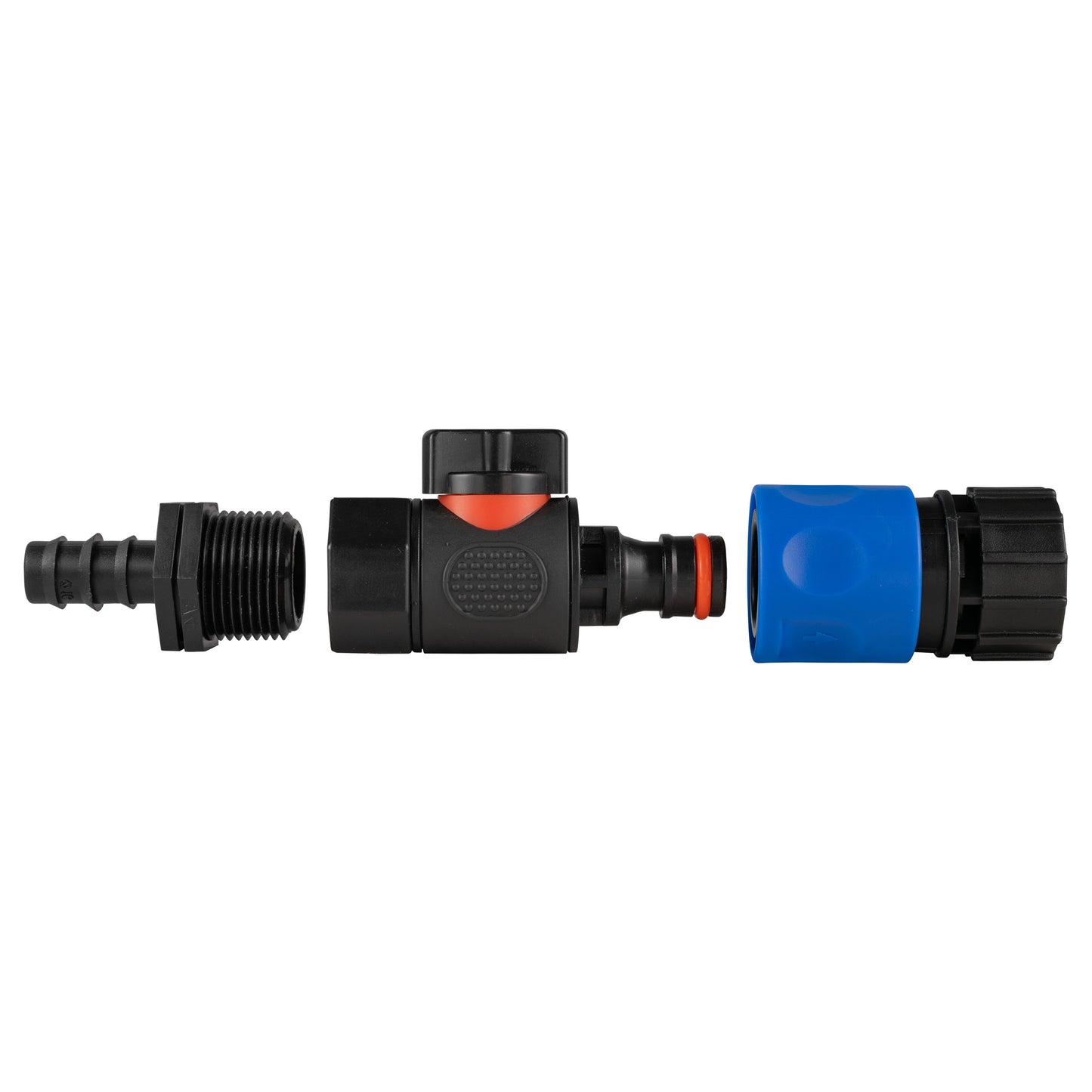 16mm Barbed Connector with 3/4" BSPF Valve and Quick-Click Hose Adapter