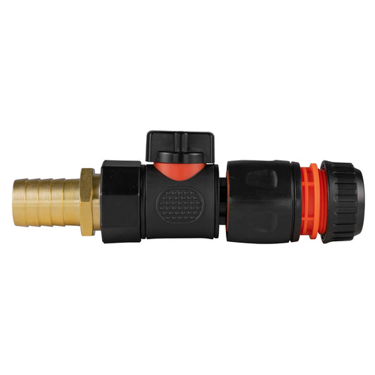 Brass 19mm Barbed Fitting with ¾" BSPF Quick-Connect Valve & Black Hose Connector