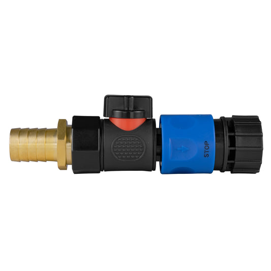 19mm Brass Hose Barb with 3/4" BSPF Quick-Connect Valve and Female Hose Fitting