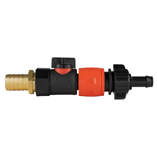 19mm Brass Hose Barb with BSPF Valve & 16mm Barb Quick-Connect Fitting
