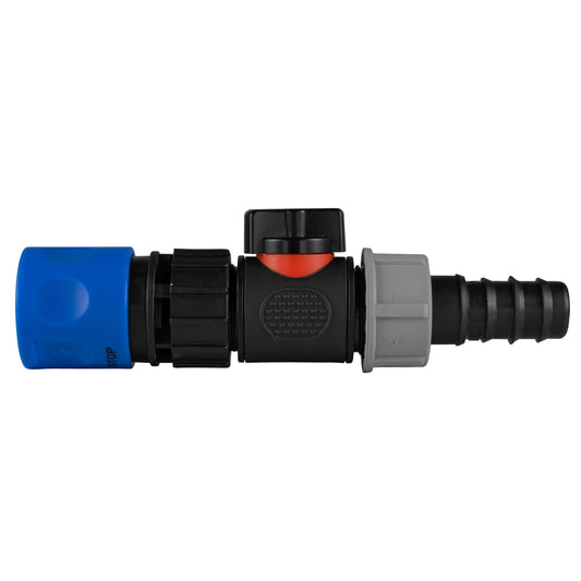 Blue Hose Connector with In-Line BSPM Valve and 20mm Barbed Straight