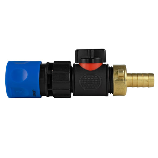 Blue Hose Connector with In-Line BSPM Valve and 13mm Brass Barb