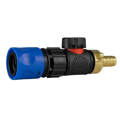 Blue Hose Connector with In-Line BSPM Valve and 13mm Brass Barb