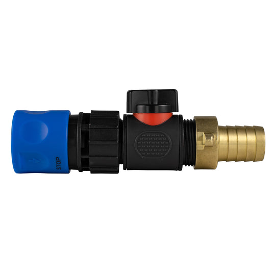 Blue Hose Connector with In-Line BSPM Valve and 19mm Brass Barb