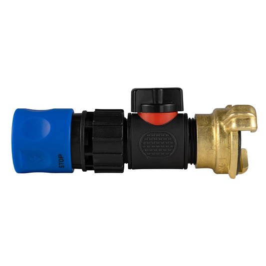 Blue Hose Connector with In-Line BSPM Valve and Geka-Type Connector