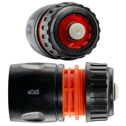 Black/Orange Female Hose Connector with Shut-Off for ½" or 5/8" Hose