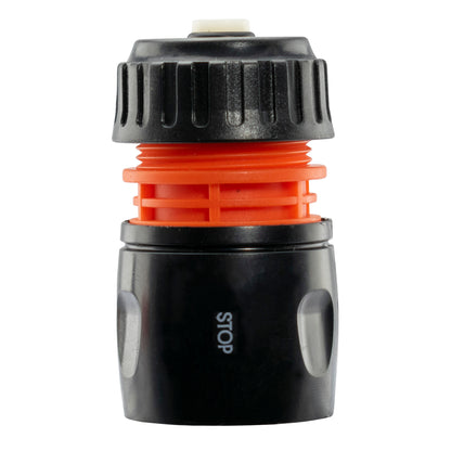 Black/Orange Female Hose Connector with Shut-Off for ½" or 5/8" Hose
