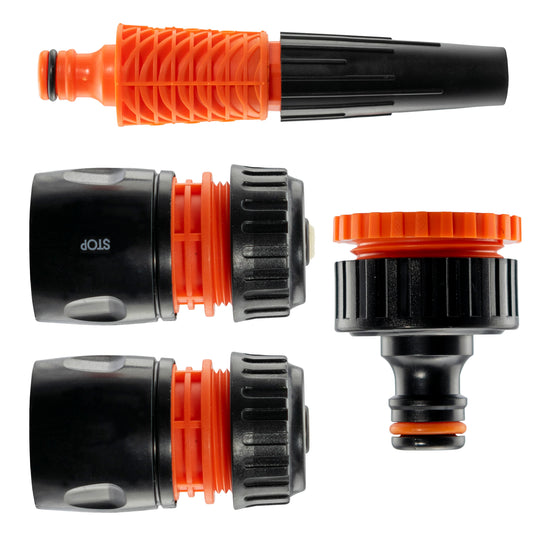 Black/Orange Garden Hose Accessory Set – Connectors & Nozzle