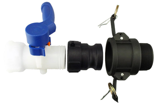 IBC 2” S60X6 Valve with 1.5” Type B Camlock Connector and IBC S60X6 Adapter