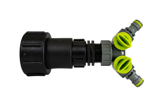 IBC 2” S60X6 to ¾” BSP Female Extension Adapter with ¾” BSP Thread and Dual Outlet Splitter