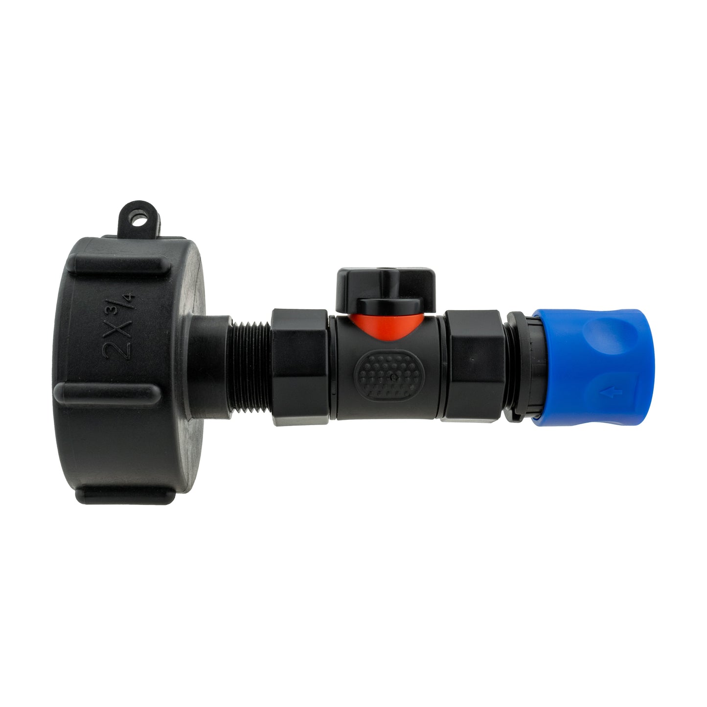IBC 2” S60X6 Cap with Built-In BSP Female Valve and 3/4” BSP Male Hose Tail Connector – Blue