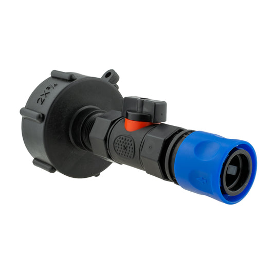 IBC 2” S60X6 Cap with Built-In BSP Female Valve and 3/4” BSP Male Hose Tail Connector – Blue