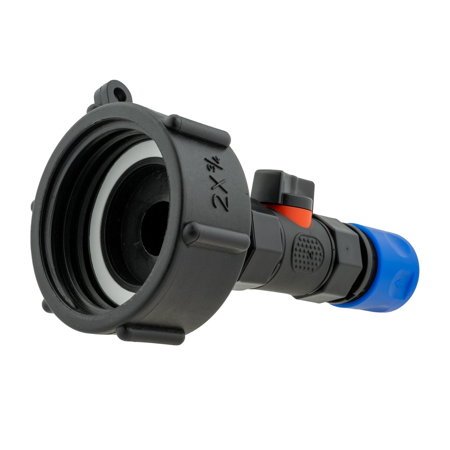 IBC 2” S60X6 Cap with Built-In BSP Female Valve and 3/4” BSP Male Hose Tail Connector – Blue
