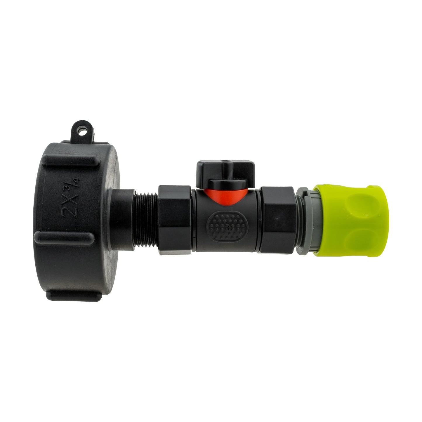 IBC 2” S60X6 Cap with Built-In BSP Female Valve and 3/4” BSP Male Hose Connector – Lime
