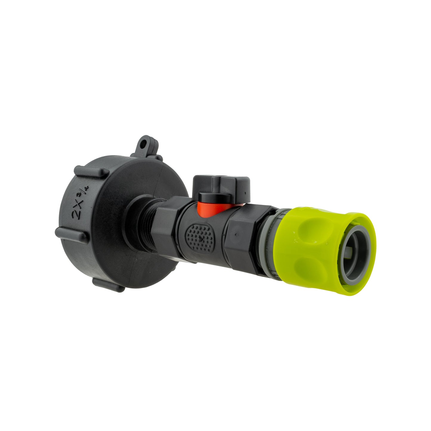 IBC 2” S60X6 Cap with Built-In BSP Female Valve and 3/4” BSP Male Hose Connector – Lime