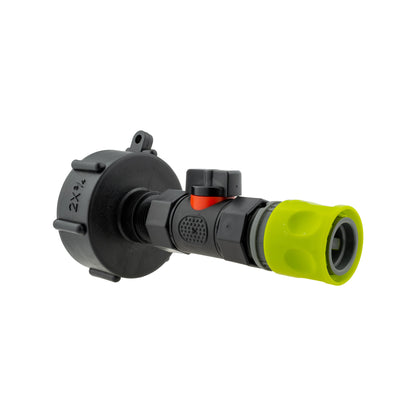IBC 2” S60X6 Cap with Built-In BSP Female Valve and 3/4” BSP Male Hose Connector – Lime