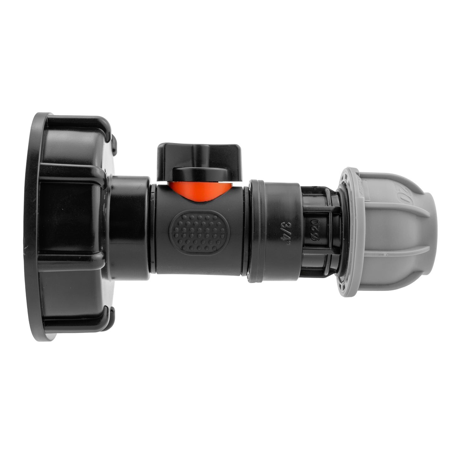 IBC 2” S60X6 Cap with Integrated BSP Male Valve and 20mm MDPE Straight Connector