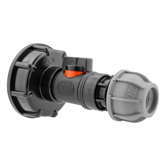 IBC 2” S60X6 Cap with Integrated BSP Male Valve and 20mm MDPE Straight Connector