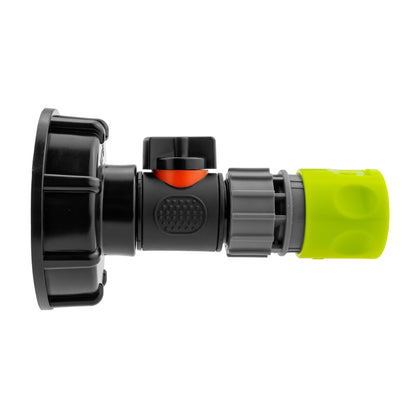 IBC 2” S60X6 Cap with Integrated BSPM Valve and ¾” BSPF Quick-Connect Hose Connector – Lime