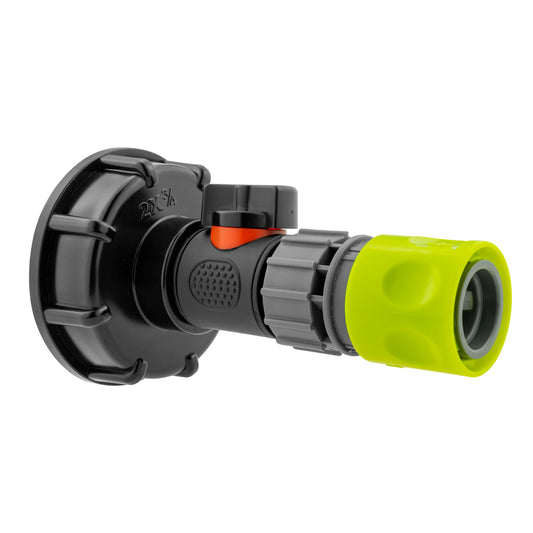 IBC 2” S60X6 Cap with Integrated BSPM Valve and ¾” BSPF Quick-Connect Hose Connector – Lime