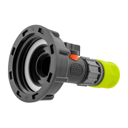 IBC 2” S60X6 Cap with Integrated BSPM Valve and ¾” BSPF Quick-Connect Hose Connector – Lime