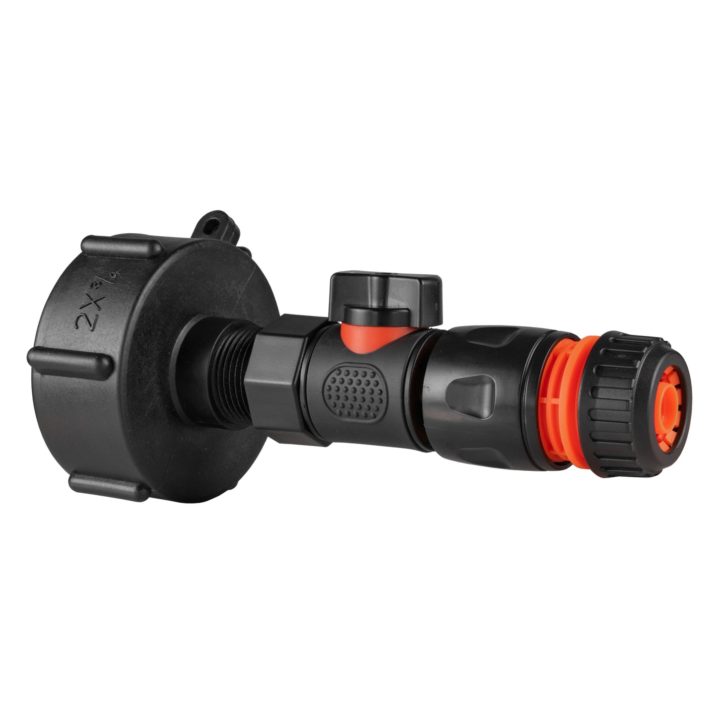 IBC 2” S60X6 Cap with BSPF Thread, Snap-On Male Valve and Black Hose Connector