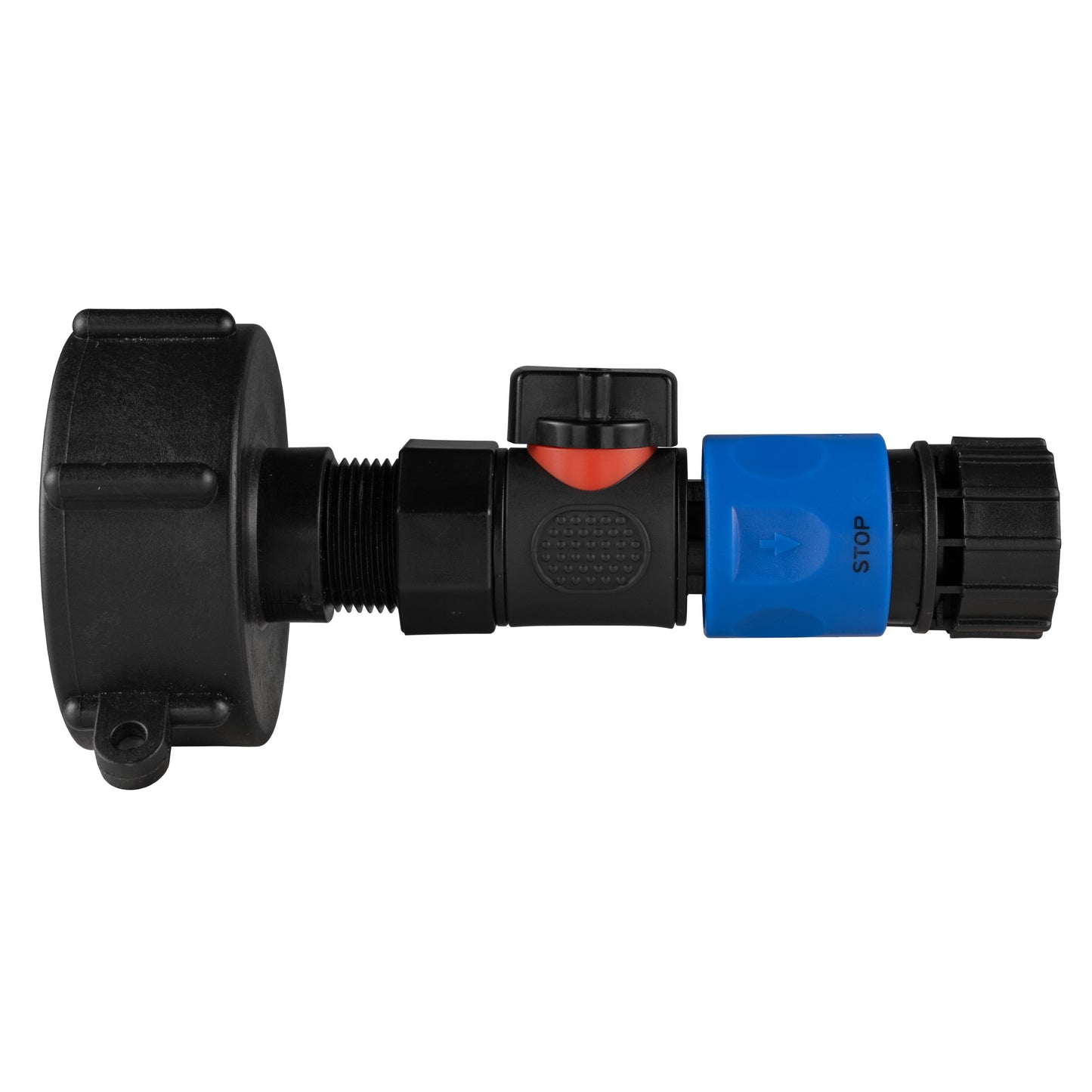 IBC 2” S60X6 Cap with BSPF Thread, Quick-Connect Male Valve and ¾” BSPF Hose Fitting