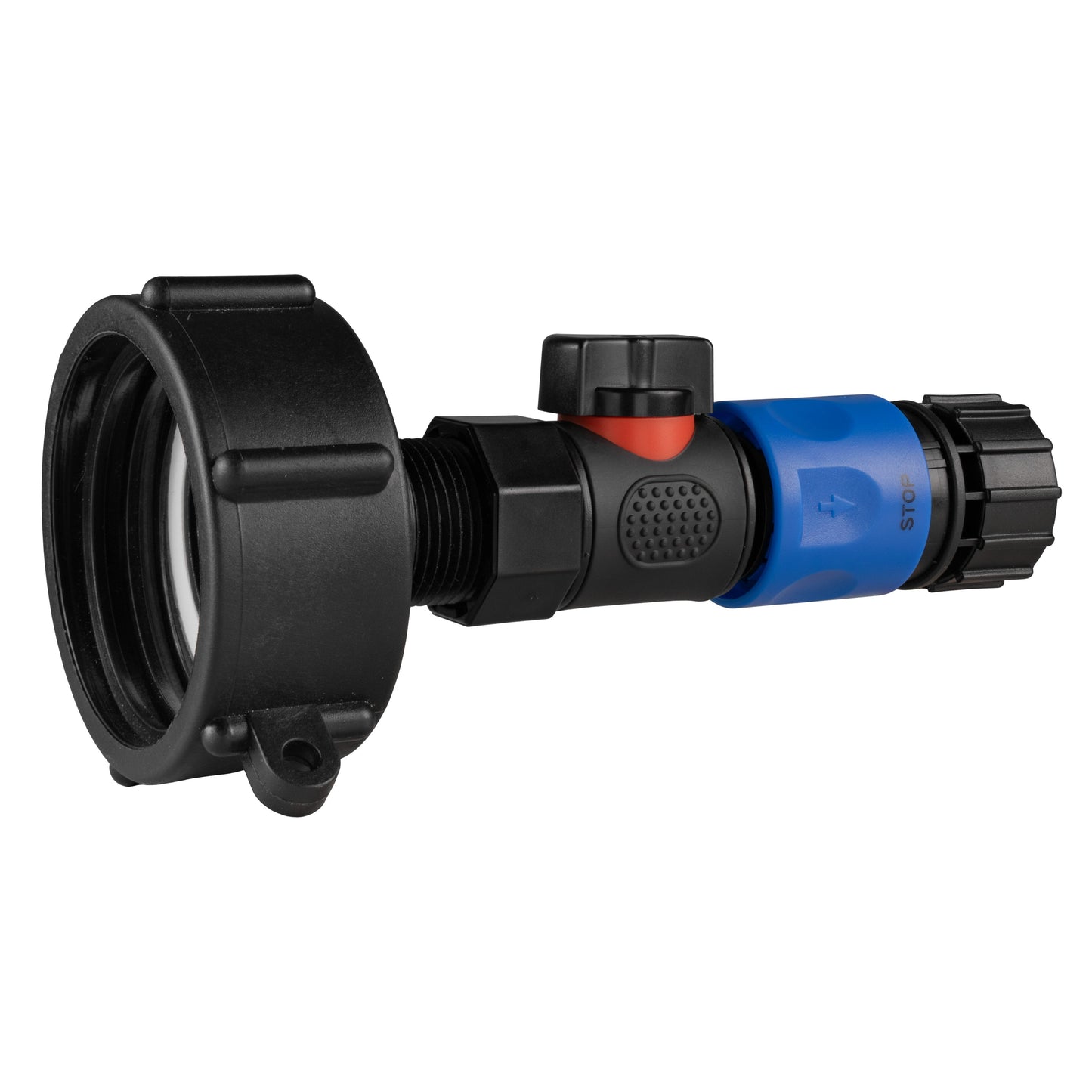 IBC 2” S60X6 Cap with BSPF Thread, Quick-Connect Male Valve and ¾” BSPF Hose Fitting