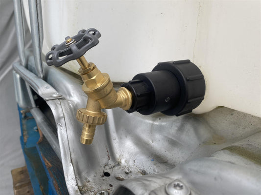 IBC 2” S60X6 Extender with ½” BSPF Thread and Brass Bib Tap with ½” Hose Barb & Round Handle
