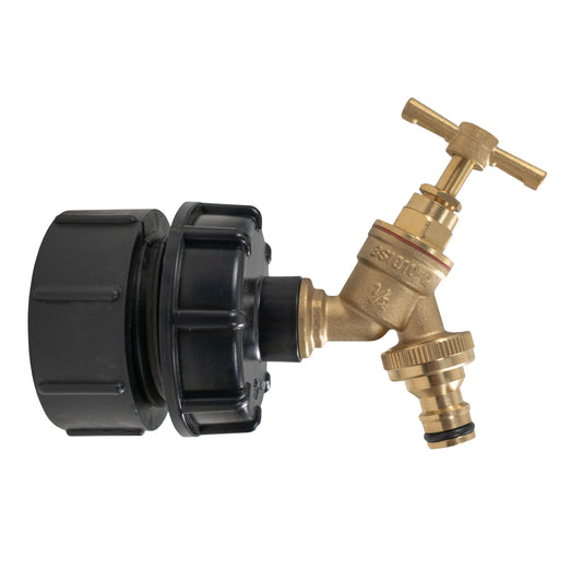 IBC 2” BSPF – S60X6 Adapter Cap with ½” BSPF Reducer Cap and Brass Bib Tap with Quick Connect 1/2” BSP Thread