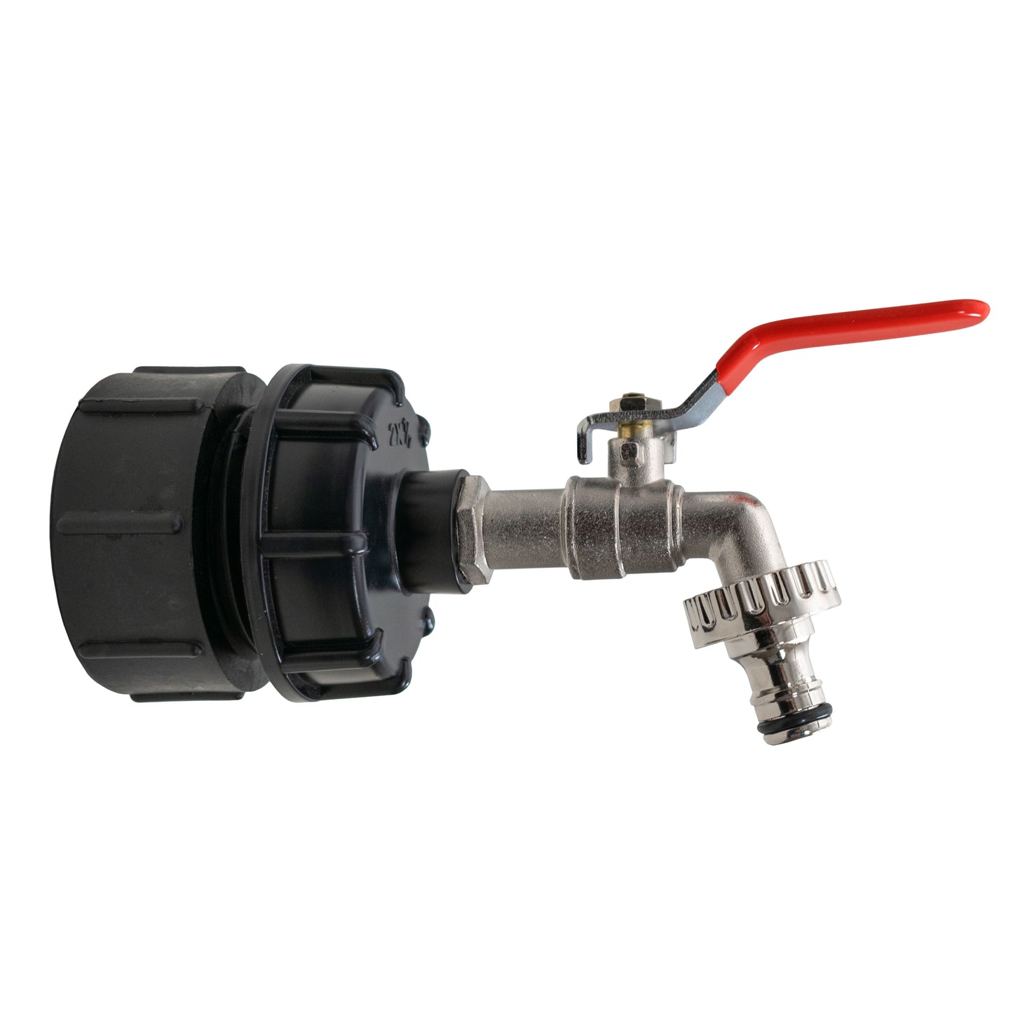 IBC 2” BSPF to S60X6 Cap with S60X6 to ½” BSPF Reducer and ½” BSP Quick-Connect Lever Tap