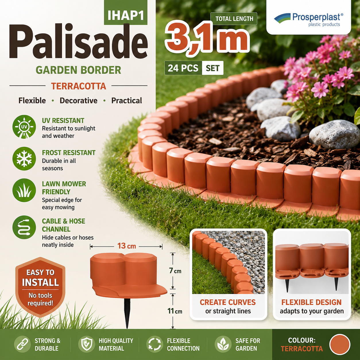 IHAP1 Flexible Garden Border Palisade Terracotta 3.1m 24pc Set