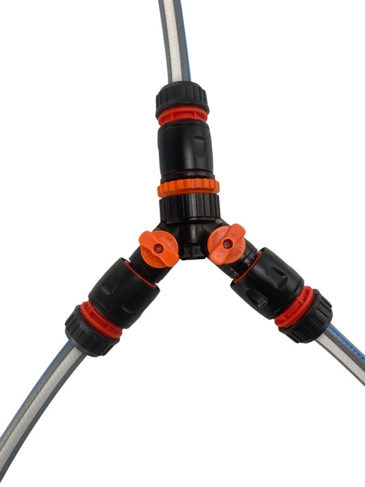 Triple Hose Connector with Shut-Off Valve – Black & Orange