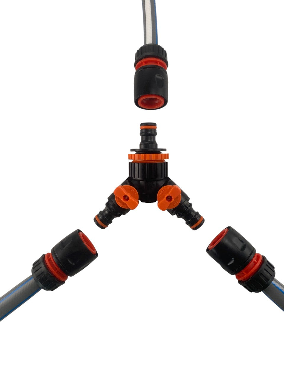 Triple Hose Connector with Shut-Off Valve – Black & Orange