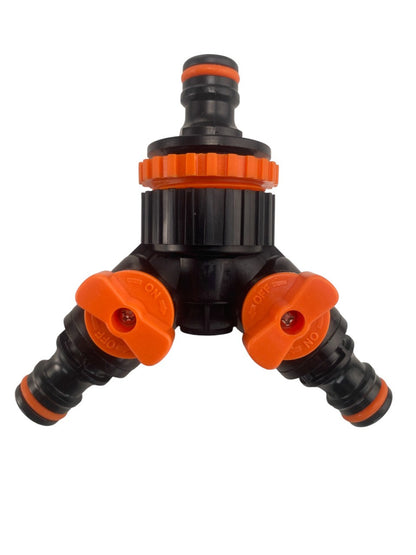Triple Hose Connector with Shut-Off Valve – Black & Orange