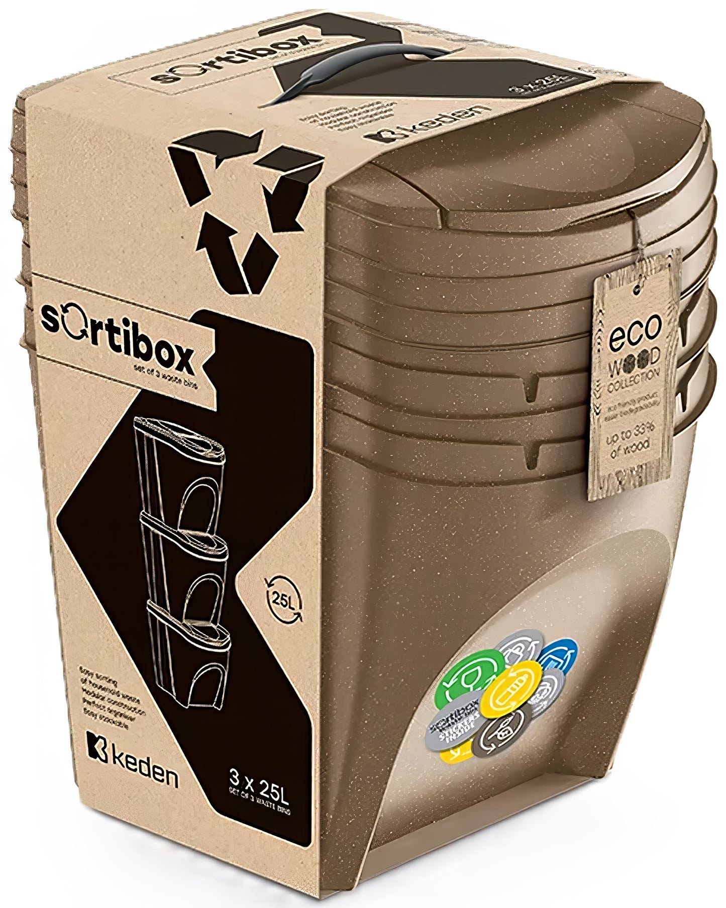 Sortibox Eco Wood 3 x 25L Stackable Recycling Bins Waste Bin Set Brown 75L